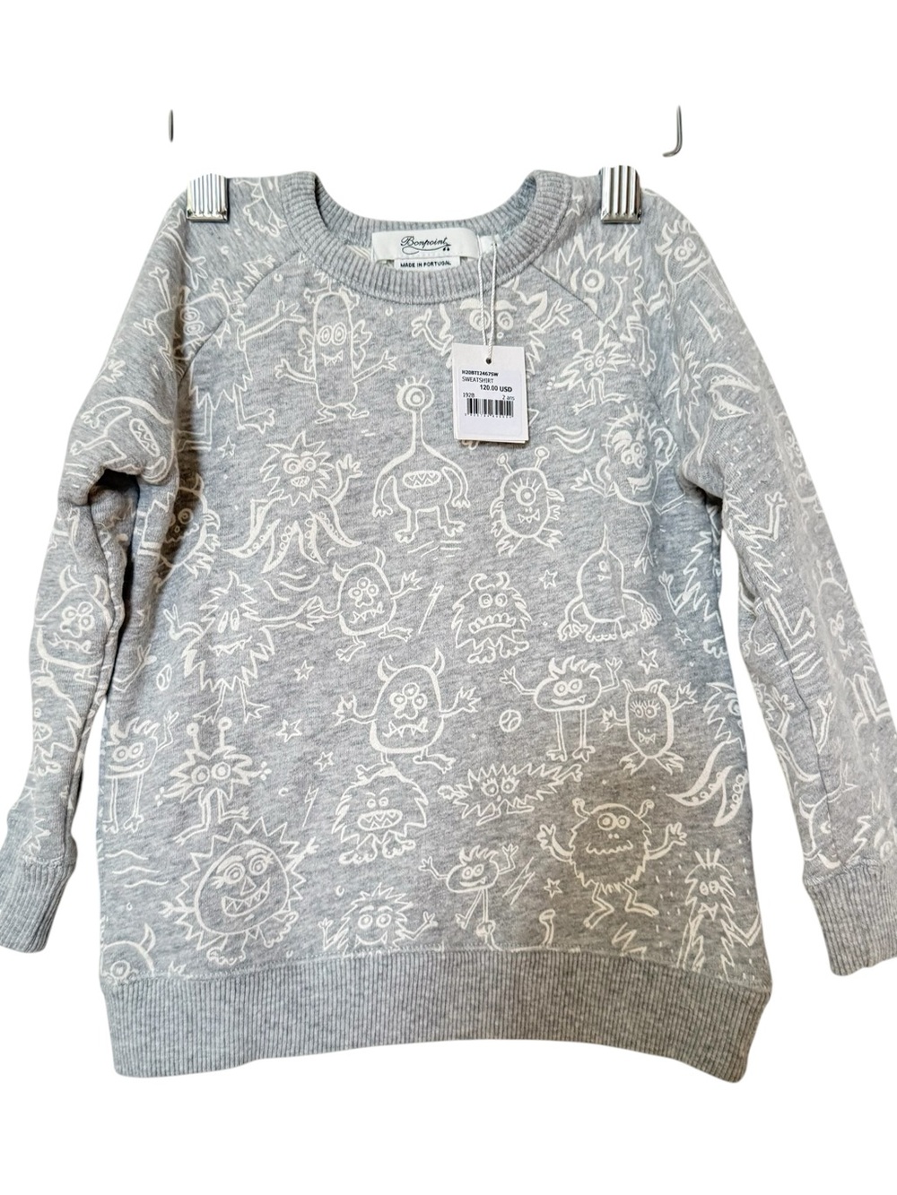 NWT Bonpoint Gray Crewneck Sweatshirt with White Monster Print